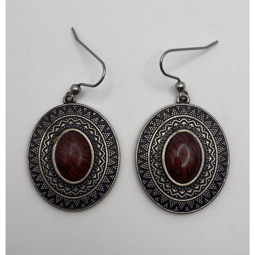 Vintage Premier Designs Red Spice Detailed Silver Tone Red & Black Stone Earring